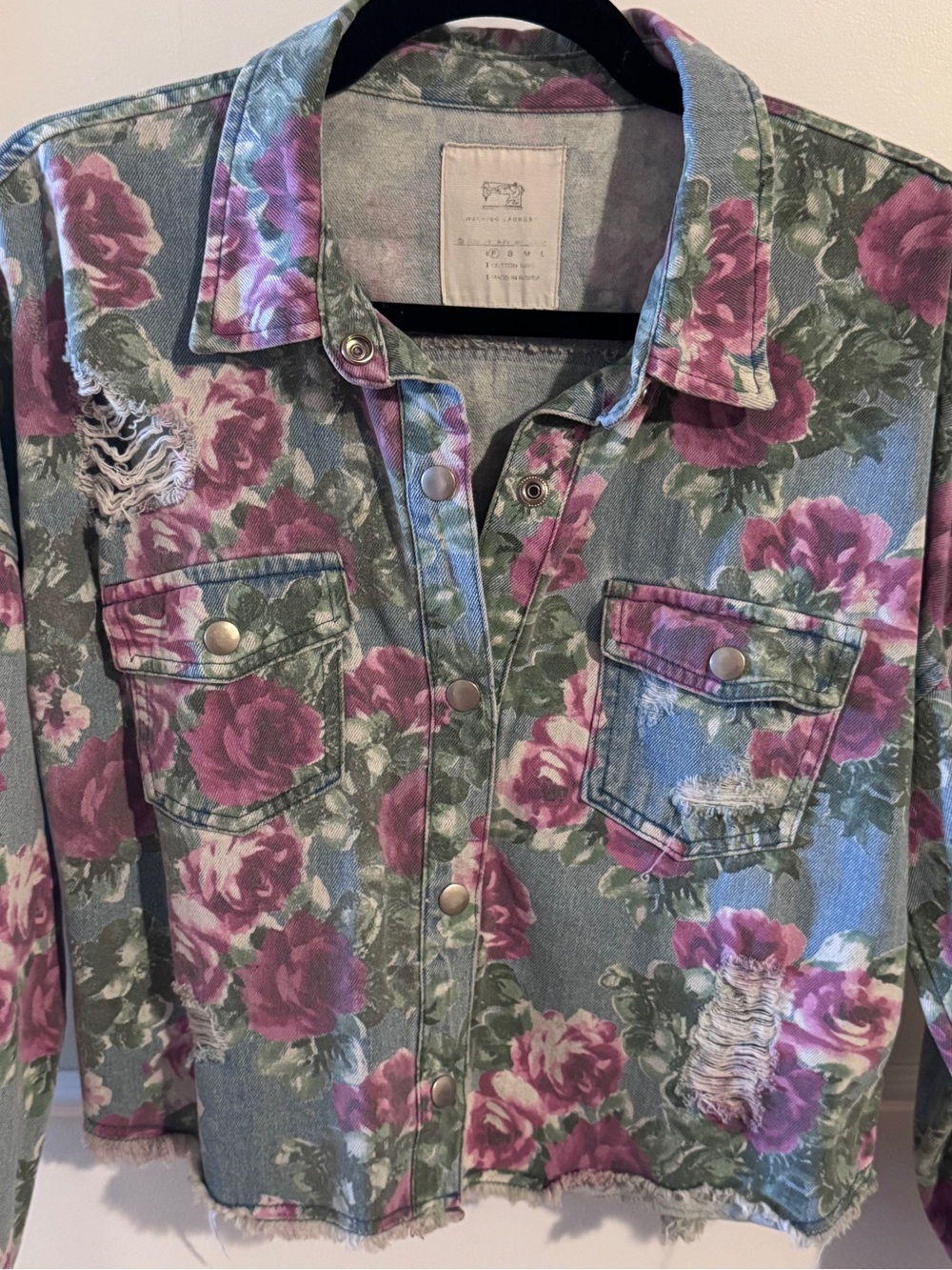 Walking Laundry Floral Distressed Denim Jacket - Pink Floral